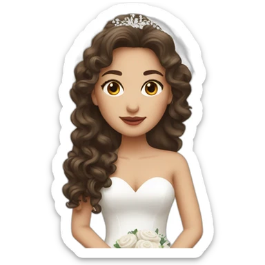 Beautiful brunette bride with long curly hair wearing a wedding dress with small lips sticker
