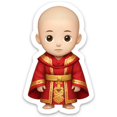 A small chibi-style monk character with red ceremonial robe with layered fabric and decorative gold-like patterns

 sticker