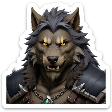 Cinematic Realistic WoW Worgen Portrait, depicted as a fearsome blend of man and beast, with rugged, dark fur intermingling with tanned, weathered skin. His piercing amber eyes and fierce expression are framed by disheveled hair and subtly detailed, worn leather attire in dark, consistent hues. Rendered with lifelike texture and dramatic, natural lighting, high shine, noble and formidable, capturing the primal nobility of a legendary worgen warrior. sticker