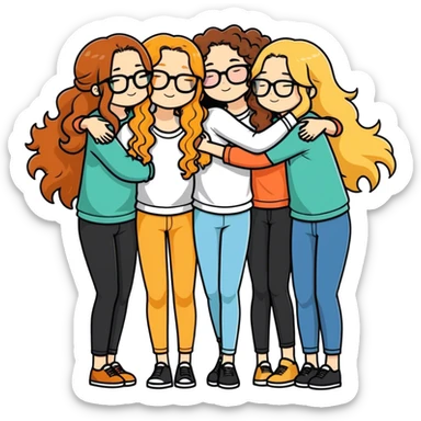 Four girls one with long brunette hair one with long blonde hair one with long curly ginger hair and one with long blonde hair and glasses all hugging and white skin  sticker