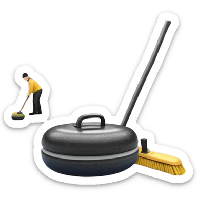 An icon showing a close-up of a curling stone sliding across the ice with a broom beside it. The scene is set in a brightly lit stadium, with detailed spectator stands in the background. Transparent background highlights the focus, skill, and atmosphere of the curling sport. sticker
