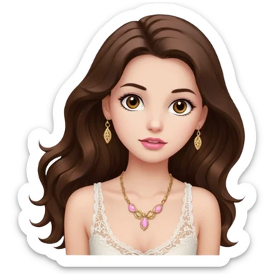 fair-skinned girl with dark brown, slim shaped eyes and long lashes. long, brown hair styled in a voluminous, wavy blowout. wearing a delicate white lace tank top and a dainty gold necklace, plump pink lips. sticker