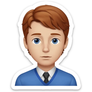 Please generate a portrait of a boy. He has light brown to reddish-brown wavy hair, a right side parting, slightly longer sideburns, blue eyes, a snub nose, and a somewhat pronounced pout. sticker