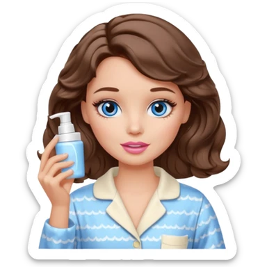 Barbie girl with makeup, blue eyes , and bob long haircut wavy, short brown hair in creamy color pajamas, face cream in hand sticker
