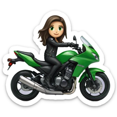 Brunette Girl with Green eyes, Long hair, wearing a black leather jacket is riding a Kawasaki motorbike sticker