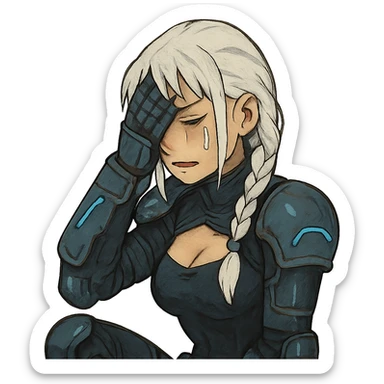  she is wearing armor, maximum power , facepalm smh, eyes closed and tearing up, a closeup portrait of young woman with gold yellow eyes, white hair, long braid, black off-shoulder top d-cup, punk gothic style, futuristic cyberwave cyberpunk, sitting position sticker