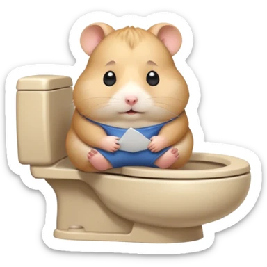Cute chubby cartoon-style hamster sitting on toilet looking as if he had an accident, sticker-style illustration sticker