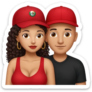 A picture of an embracing tanned couple. the man is a Mexican man with tanned skin, with a bald hair cut wearing a red baseball hat and wearing a black shirt. the woman is mixed, with glasses,  with long curly dark brown hair and with big boobs. Remove the glasses from the guy sticker
