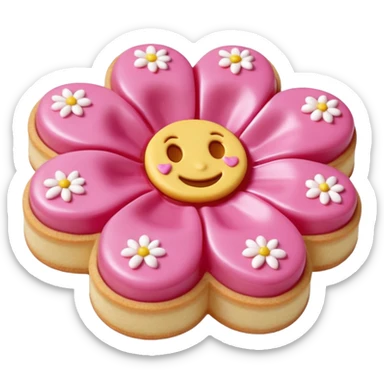 Realistic shortbread cookie in the shape of a camilia flower with pastel pink color jelly middle filling andkled powder sugar on top.emoj sprini sticker