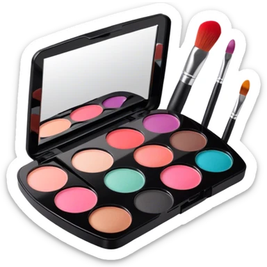 A photorealistic icon featuring makeup brushes, a lipstick being applied, an eyeshadow palette with colors in use and a compact mirror reflecting a half-done makeup look. The design captures the artistry and process of makeup with bright and realistic textures. Transparent background. sticker