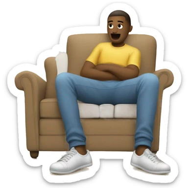 The image show a legs sitting on couch. They are wearing a dirty socks and no shoes. Their legs are extended, with one foot up in the air. The person is wearing white socks with the sole of the foot visible, one of which is on the floor. sticker