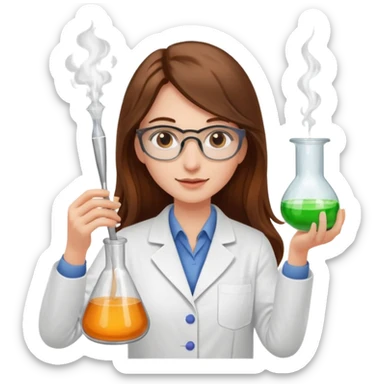 Crie emojis de uma mulher de cabelos longos castanhos farmacêutica mexendo com becker e com faiscas sticker