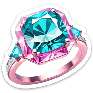 Colorshifting turquoise to blue to pink sparkling realistic still life 4D rendering diamond ring sticker