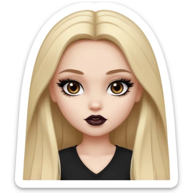 pale skin, girly bratz baddie, beautiful dark brown eyes, pretty black makeup, long dark blonde straight hair sticker