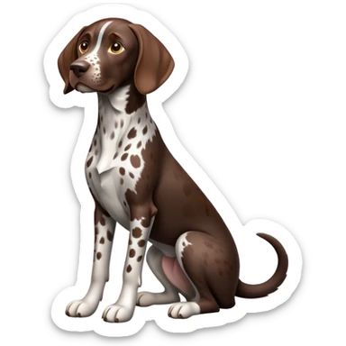 cinematic-[german pointer]-realistic-full-body-sitting-emoji,-tail-resting-loosely-beside-its-paws,-head-tilted-dramatically,-sleek-[brown and white spotten]-fur,-simplified-yet-realistic-focused-features,-highly-detailed,-glowing-with-an-almost-sarcastic-glow sticker