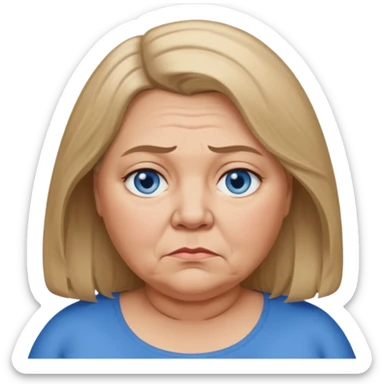 Head image of older very fat dark blonde woman with shoulder length hair and blue eyes. Neutral expression bordering on sad. sticker