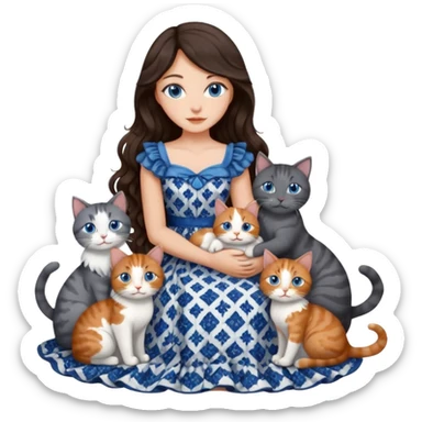 detailed realistic looking a dark grey and white cat regally sitting with six other cats, cuddling with their owner who is a pretty bratz lightly tanned white girl with long dark brown hair, blue eyes and gorgeous long wavy hair wearing a pretty detailed dress sticker