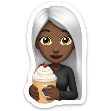 A girl with black hair enjoying a piece of victoria cake. She also has a cup of hot chocolate in her hand sticker