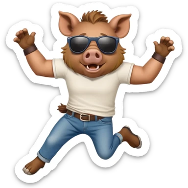 friendly anthropomorphised boar in jeans and a t-shirt, wearing dark sunglasses, jumping pose sticker