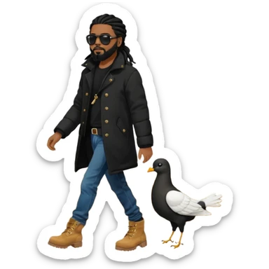 African American man with shoulder length black dreadlocks with black beard wearing black sunglasses wearing a black bubble winter coat wearing denim skinny jeans wearing wheat timberland boots walking with a dove behind him sticker