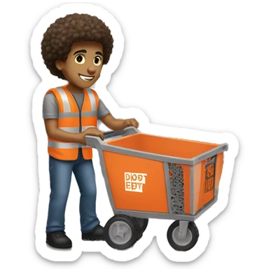 Light Skin Male with Small Afro from Home Depot wearing orange pro loader vest pushing a home depot orange cart at home depot sticker