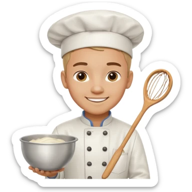 Male Young Pastry Chef – smiling, holding whisk and mixing bowl. sticker