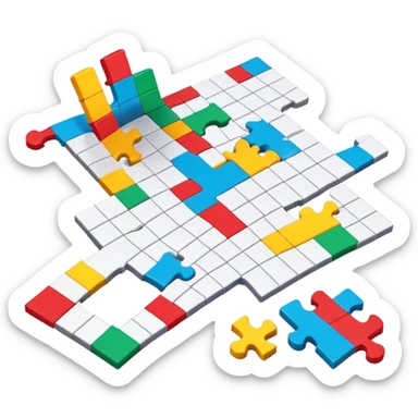 A photorealistic icon with a colorful, fragmented puzzle piece, a crossword magazine, a 3D puzzle, and a partially completed puzzle on a table. Bright, detailed design with realistic lighting. Transparent background, clearly symbolizing puzzles and brain games. sticker