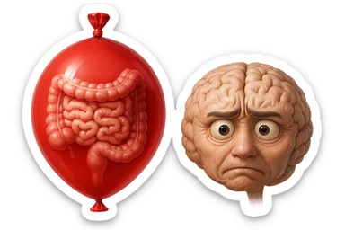 intestino umano anatomico chiuso in un palloncino rosso che simboleggia gonfiore, accanto un cervello stressato, iperrealistico 4k sticker