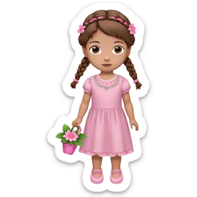 Boneca muito baixa e pequena de cabelo castanho com 2 tranças e uma flor rosa do lado esquerdo usado um vestido rosa claro e sapatinhos rosa sticker