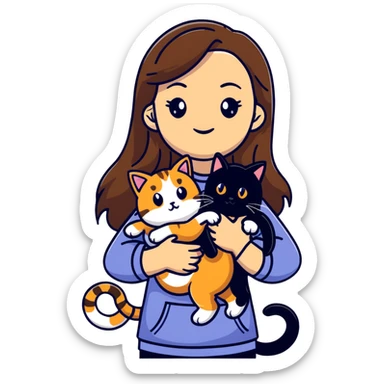 tan girl with long brown hair holding two cats, one black cat and one grey-striped cat sticker