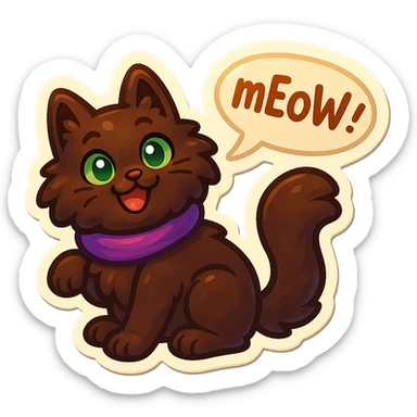 Fluffy cute playful silly smiling happy dark-brown cat with green eyes and a purple scarf saying ‘mEoW~!’ (With a speech bubble) sticker