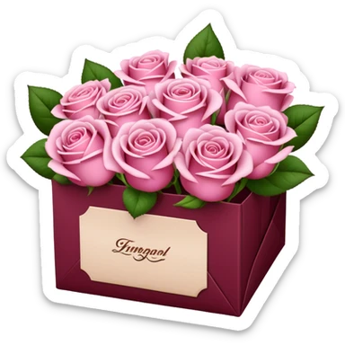 Light pink roses in a burgundy package sticker