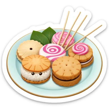 A combination of fish cake with pink swirl (narutomaki), rice cracker (senbei), and dango on a stick arranged together as a Japanese food plate sticker