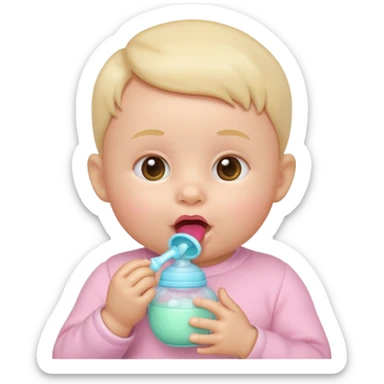 Apple-style 3D emoji of a cute baby sucking on a pacifier or drinking from a baby bottle, round face, soft pastel colors, cheerful and gentle expression, clean white background sticker
