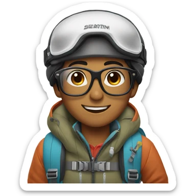 black hair smiling filipino boy with glasses with skiing gear sticker