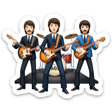 Rock music icon: The Beatles performing live on stage. John Lennon with guitar, Paul McCartney with bass, George Harrison with guitar, Ringo Starr on drums. Bright lights, energetic performance. Transparent background. sticker