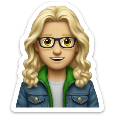 blonde long haired boy with green eyes , glasses , blue jean jacket with fur lining sticker