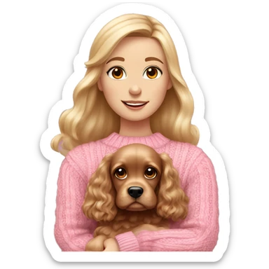 A beautiful blonde girl with brown eyes wearing a pink cable knit jumper and pink bow in her hair. She’s holding a brown cocker spaniel in her arms. sticker