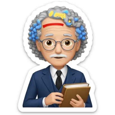 elderly male, curly hair, holding book, wearing suit sticker