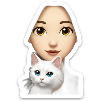 A girl with long dark hair and on her left shoulder and neck lies a white fluffy cat with different eyes sticker