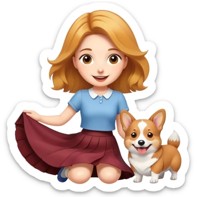 A beautiful girl with fair skin wearing a skirt and happily playing with corgi sticker