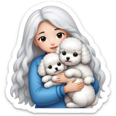 Long hair Asian girl hugging bichon sticker