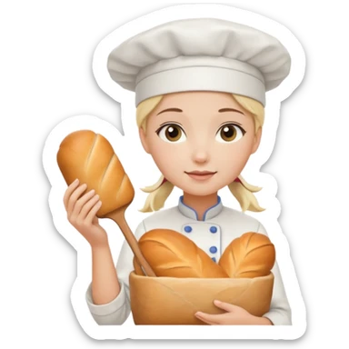 Young female baker - wearing a white chef's hat, holding a cream piping bag and bread in her hand sticker