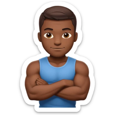A confident, muscular cartoon male character with dark skin, crossed arms, smirking expression, bold, minimalistic lines, warm shadowing, stylized as an emoji icon. sticker