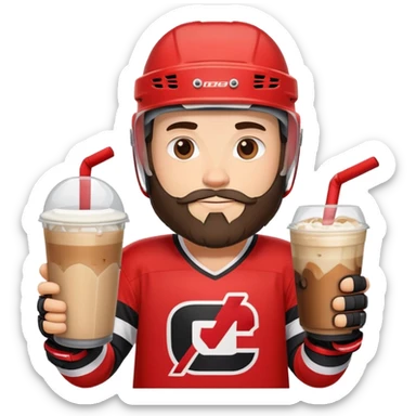 hockey player with a beard with iced coffee in red and black jersey wearing a hockey helmet  sticker