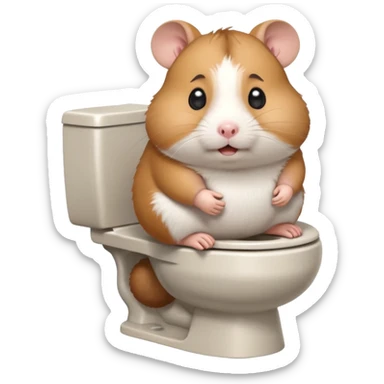 Cute chubby cartoon-style hamster sitting on toilet pooping looking as if he had an accident sticker