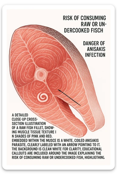 a close-up cross-section of a raw fish fillet, showing a white, coiled Anisakis parasite embedded in the muscle tissue. The parasite is clearly labeled, and the surrounding fish tissue is rendered in detail. The background is clean and white, with educational callouts explaining the risk of consuming raw or undercooked fish. sticker