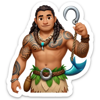 Maui character from Moana with tattoos and large fishhook sticker