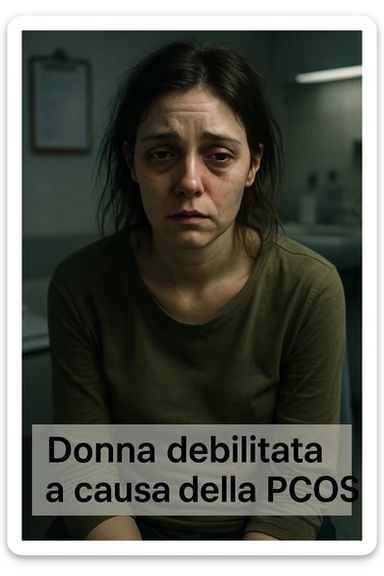 Donna debilitata a causa della PCOS, aspetto stanco e provato, segni visibili di malessere, atmosfera clinica, dettagli realistici, luci drammatiche, didascalie in italiano, verticale 2:3 sticker