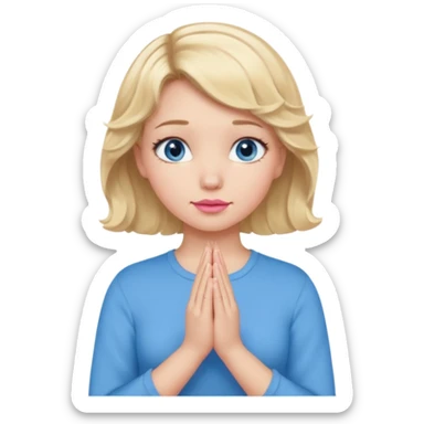 Girl Blonde short wavy hair,  blue eyes, cute blue top, long lashes, pink lips, praying hands sticker